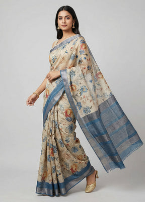 Cream Tussar Silk Saree With Blouse Piece