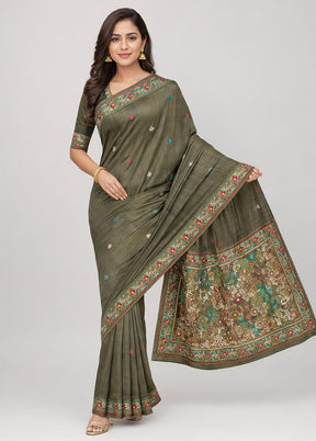 Green Handloom Tussar Pure Silk Saree With Blouse Piece
