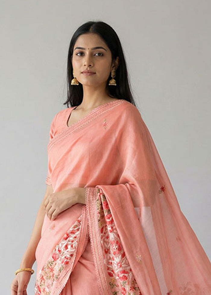 Pink Tussar Silk Saree With Blouse Piece