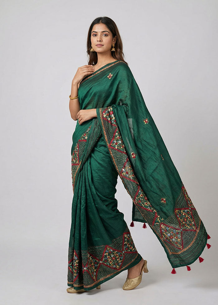 Green Tussar Silk Saree With Blouse Piece