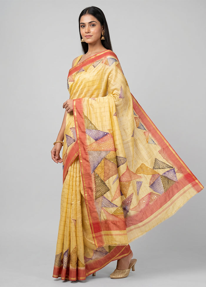 Cream Tussar Silk Saree With Blouse Piece
