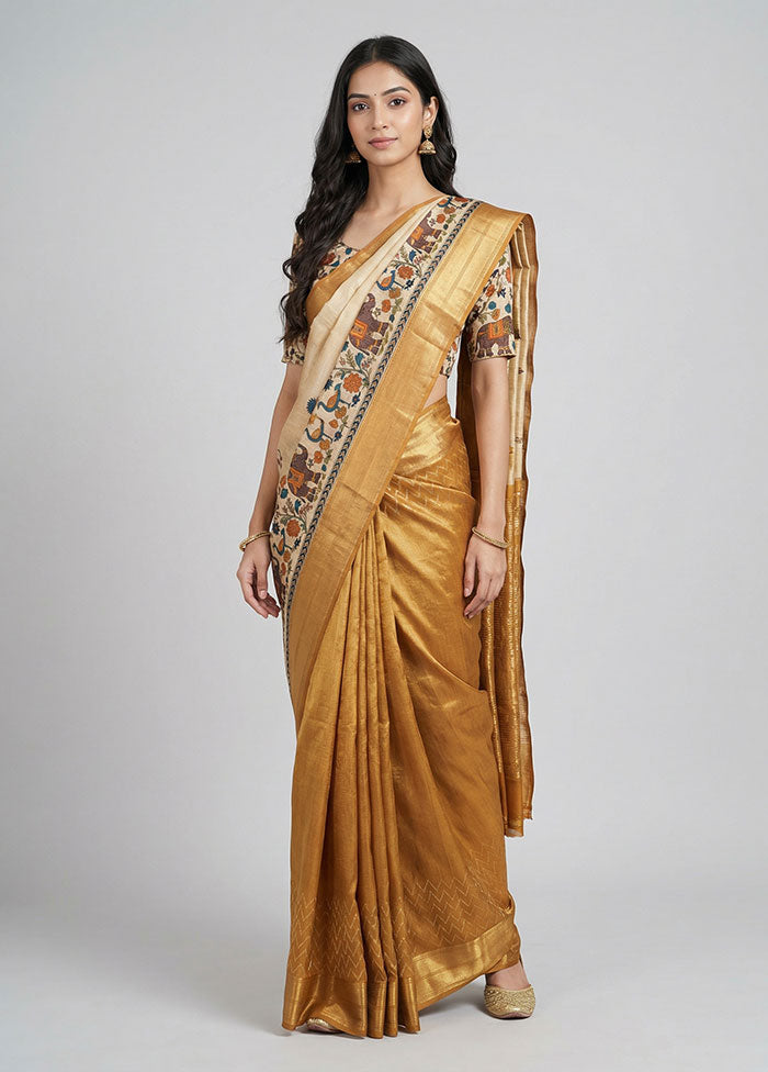 Cream Tussar Silk Saree With Blouse Piece