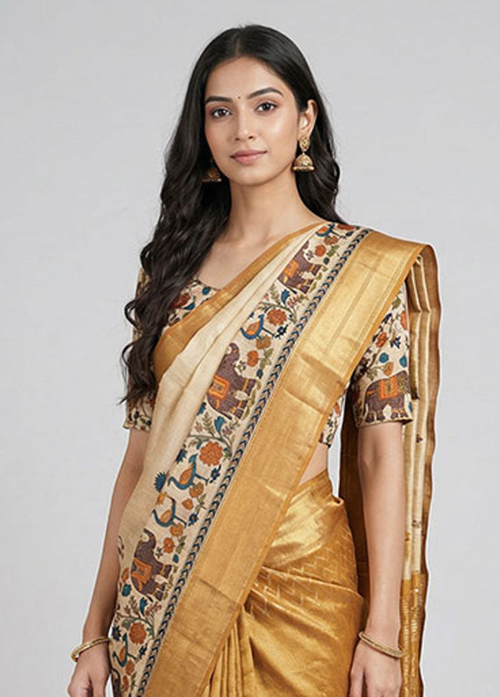 Cream Tussar Silk Saree With Blouse Piece