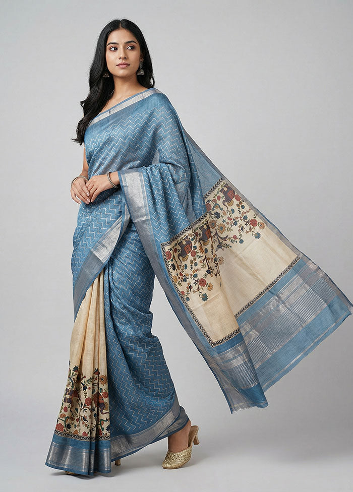 Blue Tussar Silk Saree With Blouse Piece