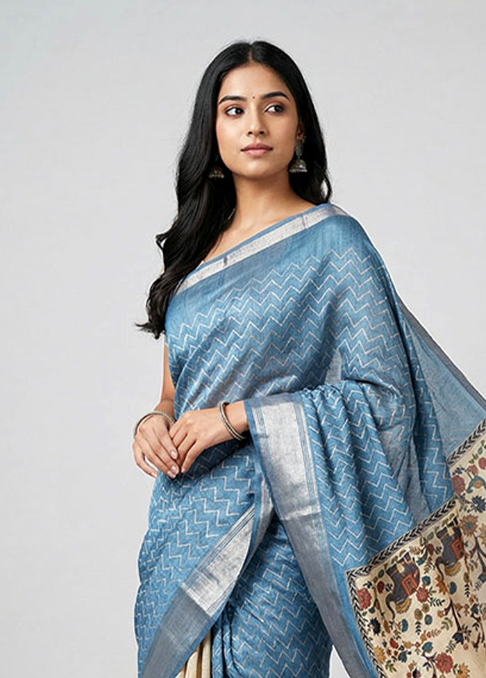 Blue Tussar Silk Saree With Blouse Piece