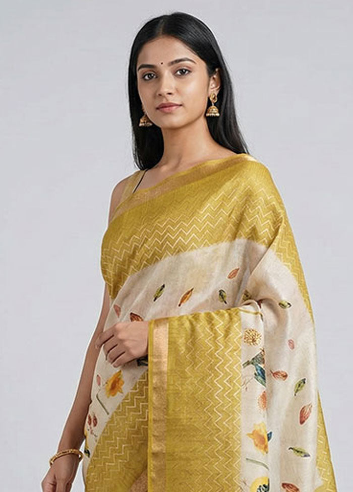 Cream Tussar Silk Saree With Blouse Piece