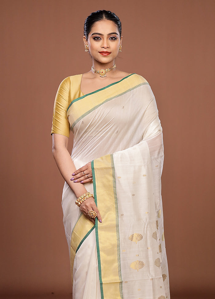 White Chanderi Silk Saree With Blouse Piece