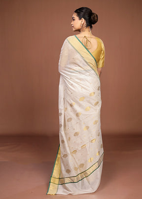White Chanderi Silk Saree With Blouse Piece