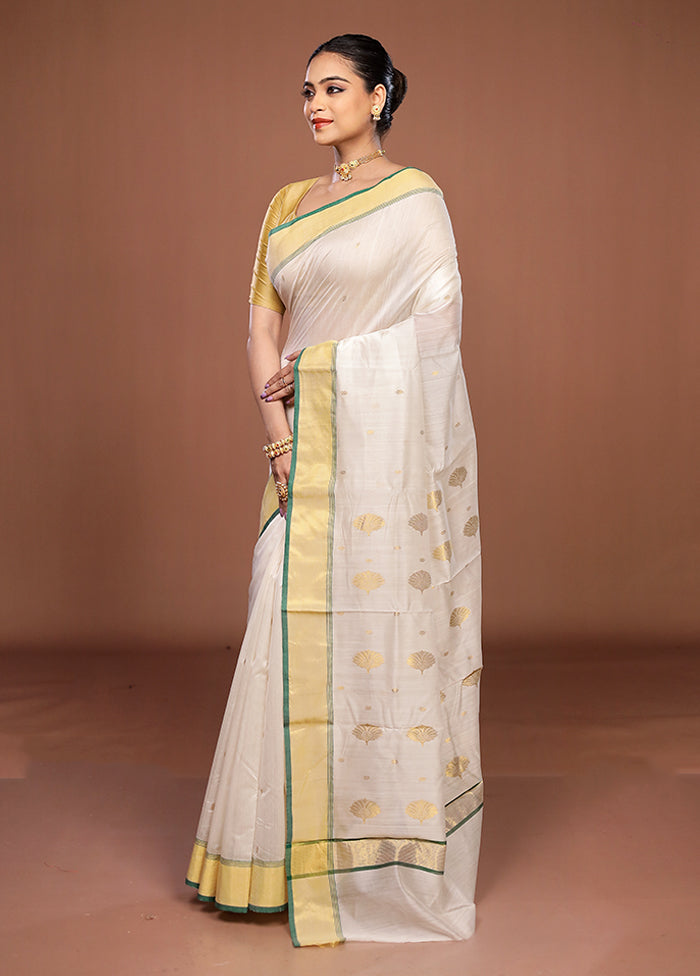 White Chanderi Silk Saree With Blouse Piece