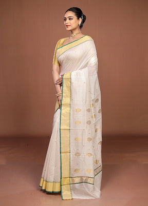 White Chanderi Silk Saree With Blouse Piece