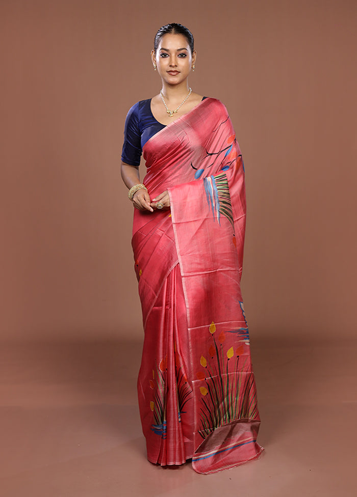 Pink Printed Silk Saree Without Blouse Piece