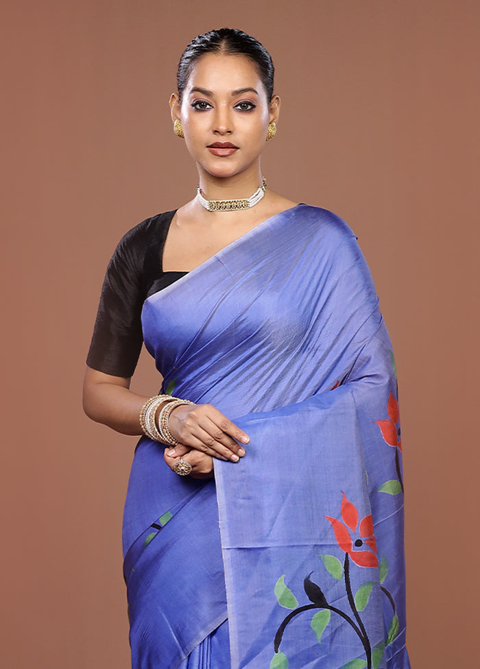 Blue Printed Silk Saree Without Blouse Piece