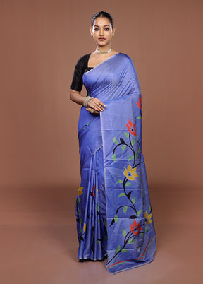 Blue Printed Silk Saree Without Blouse Piece