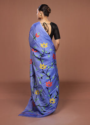 Blue Printed Silk Saree Without Blouse Piece