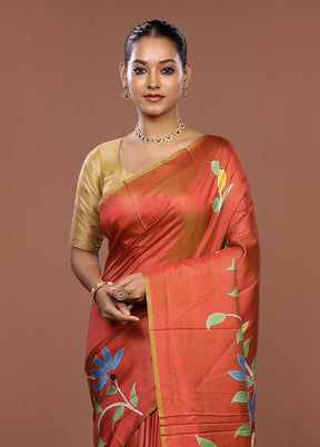 Brown Printed Silk Saree Without Blouse Piece