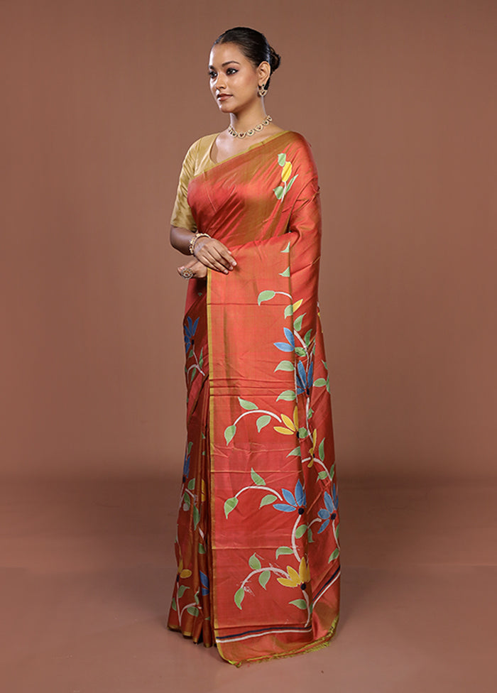 Brown Printed Silk Saree Without Blouse Piece