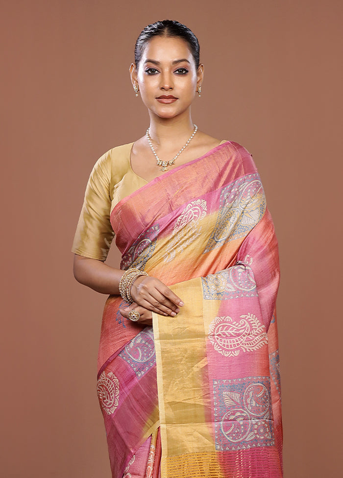 Yellow Handloom Tussar Silk Saree With Blouse Piece