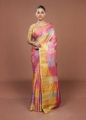Yellow Handloom Tussar Silk Saree With Blouse Piece