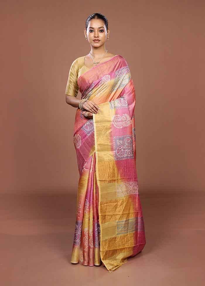 Yellow Handloom Tussar Silk Saree With Blouse Piece