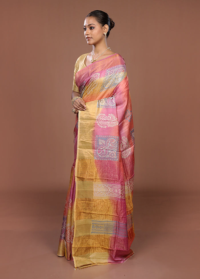 Yellow Handloom Tussar Silk Saree With Blouse Piece