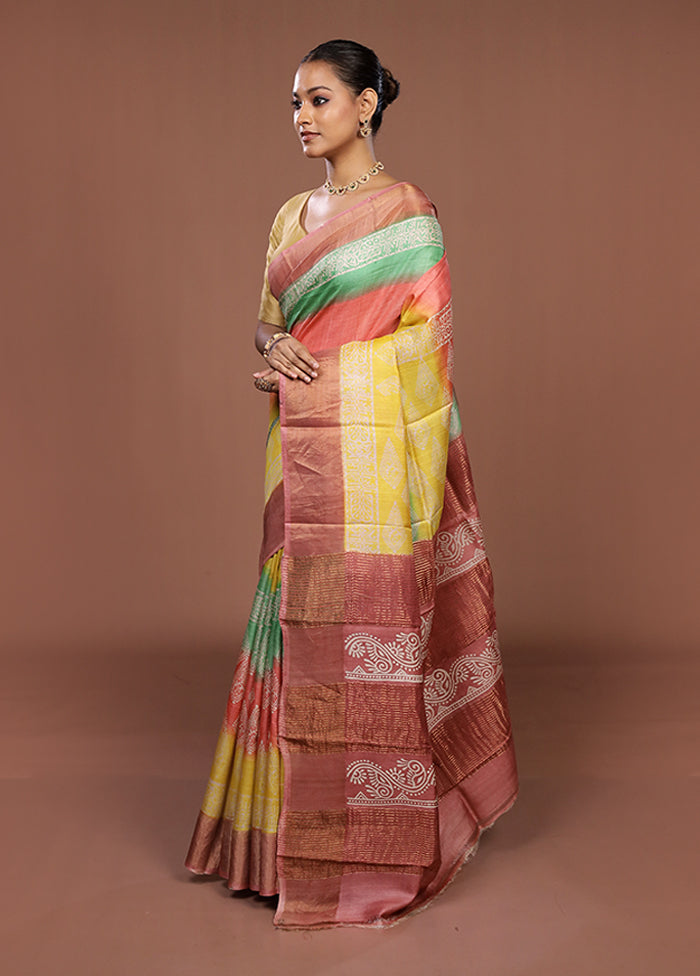 Pink Handloom Tussar Silk Saree With Blouse Piece