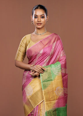 Pink Handloom Tussar Silk Saree With Blouse Piece
