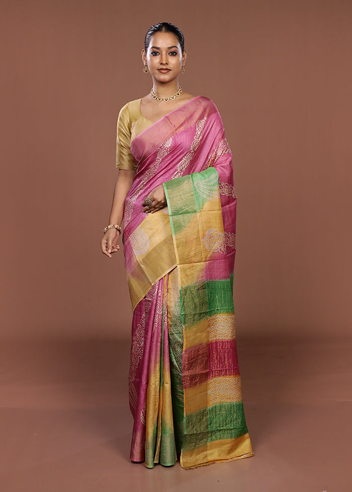 Pink Handloom Tussar Silk Saree With Blouse Piece