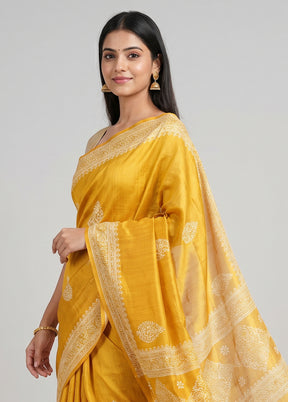 Yellow Printed Silk Saree Without Blouse Piece