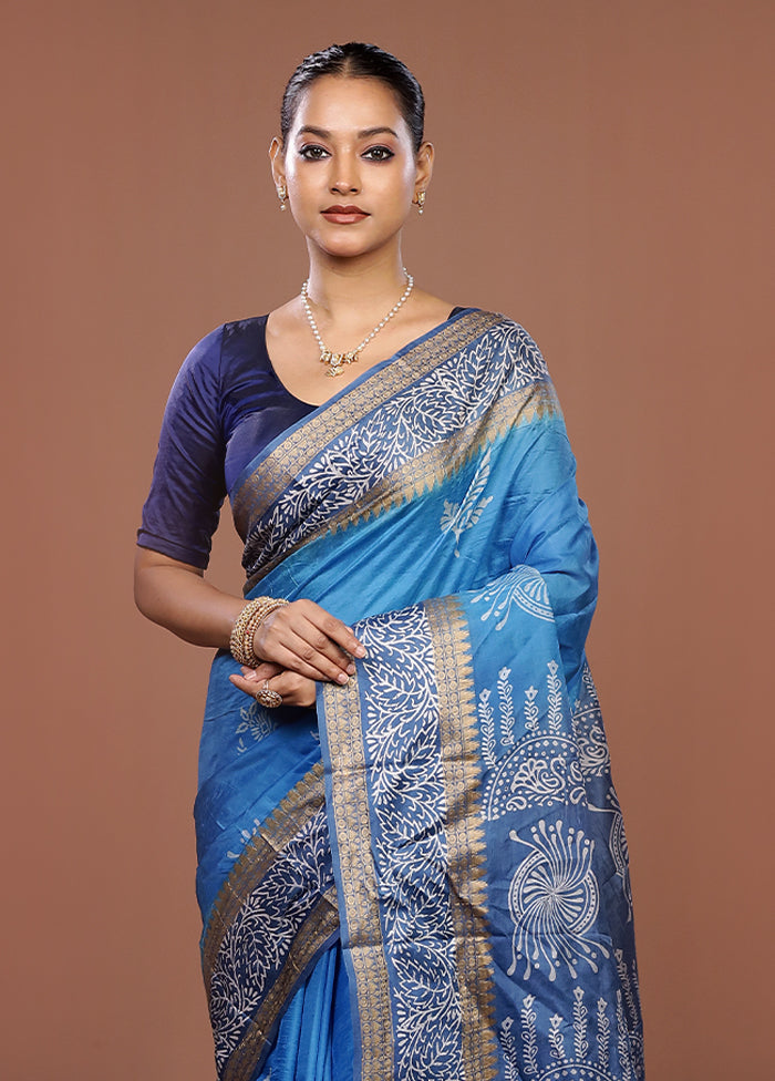 Blue Printed Silk Saree Without Blouse Piece