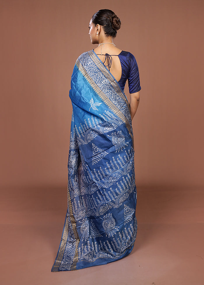 Blue Printed Silk Saree Without Blouse Piece