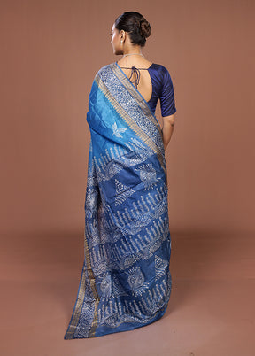 Blue Printed Silk Saree Without Blouse Piece