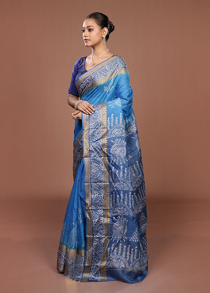 Blue Printed Silk Saree Without Blouse Piece