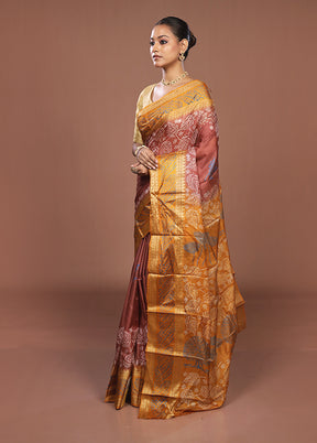Brown Printed Pure Silk Saree Without Blouse Piece