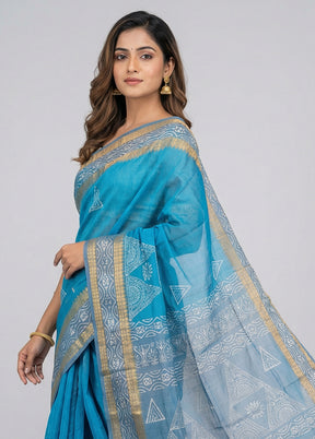 Blue Printed Silk Saree Without Blouse Piece