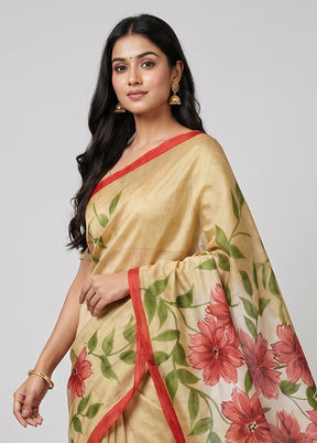 Cream Printed Silk Saree Without Blouse Piece