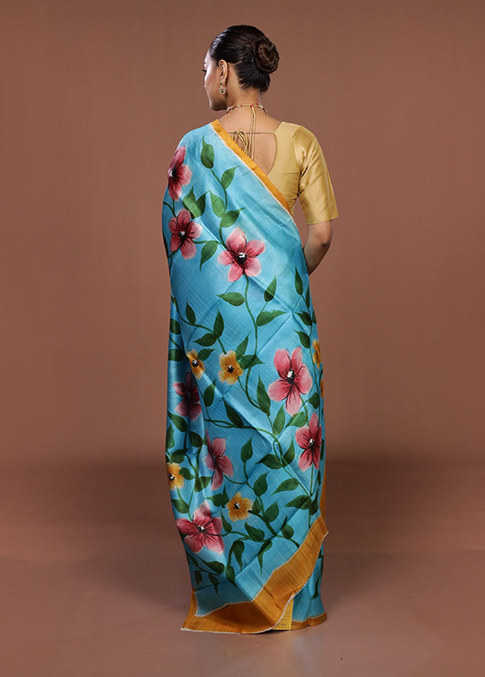 Blue Printed Silk Saree Without Blouse Piece