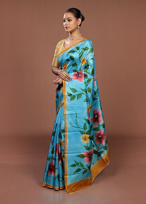 Blue Printed Silk Saree Without Blouse Piece