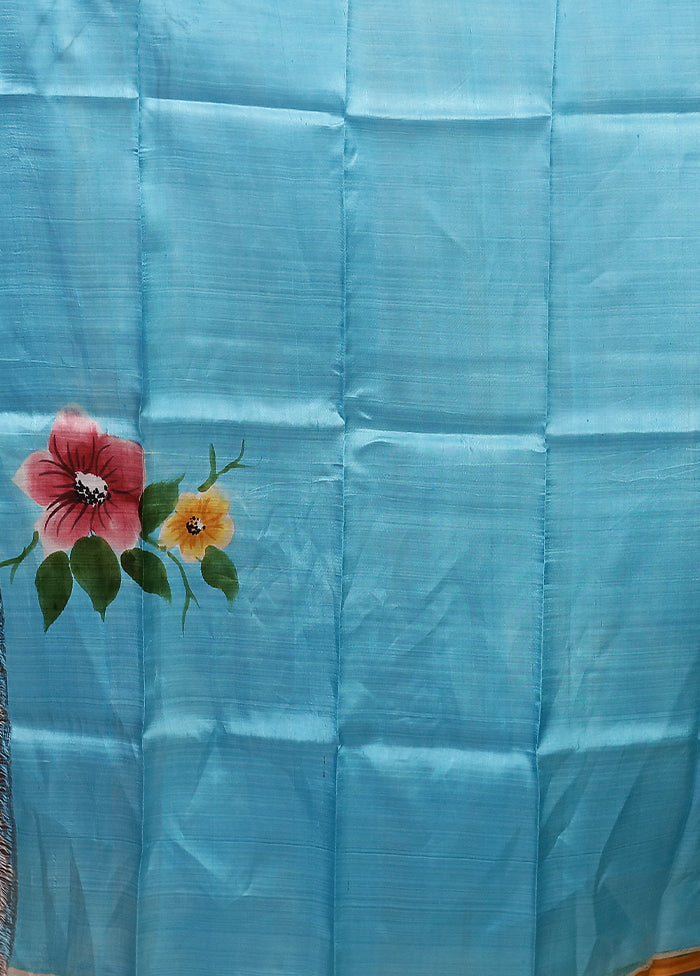 Blue Printed Silk Saree Without Blouse Piece