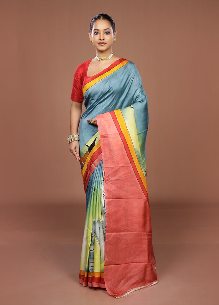Blue Printed Silk Saree Without Blouse Piece