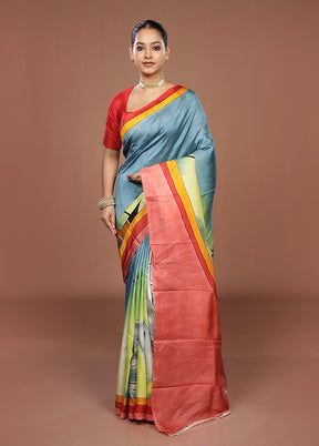Blue Printed Silk Saree Without Blouse Piece