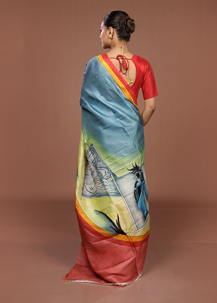 Blue Printed Silk Saree Without Blouse Piece