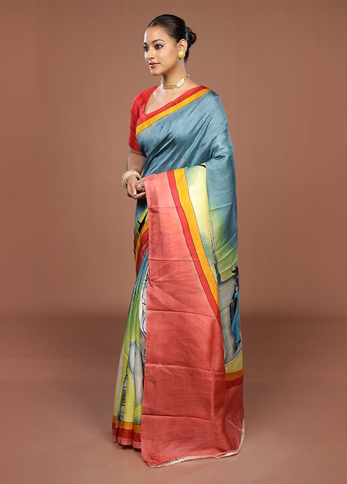 Blue Printed Silk Saree Without Blouse Piece