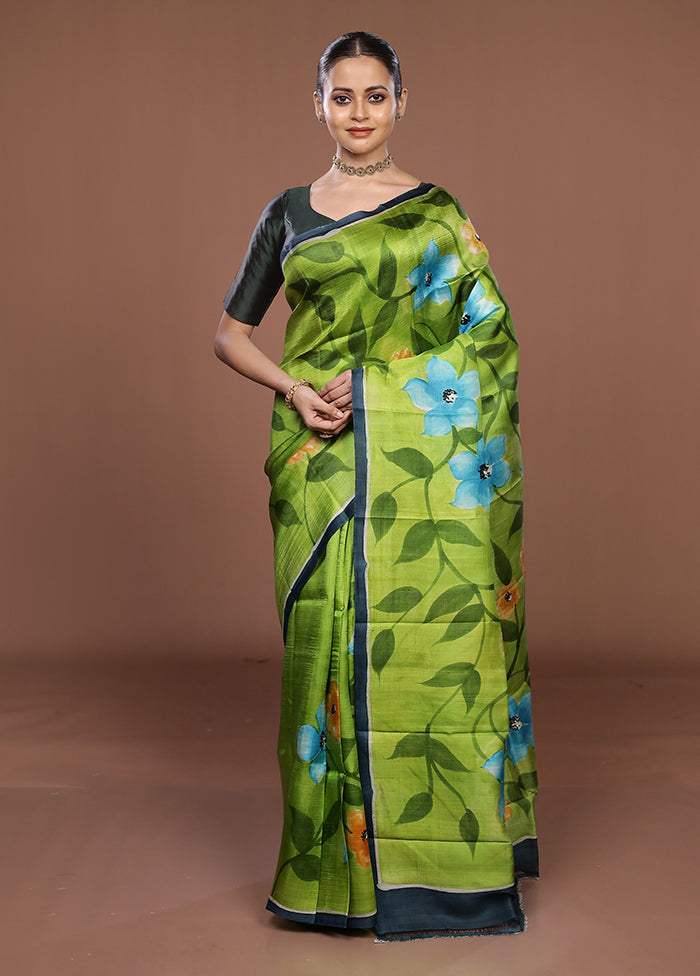 Blue Printed Silk Saree Without Blouse Piece