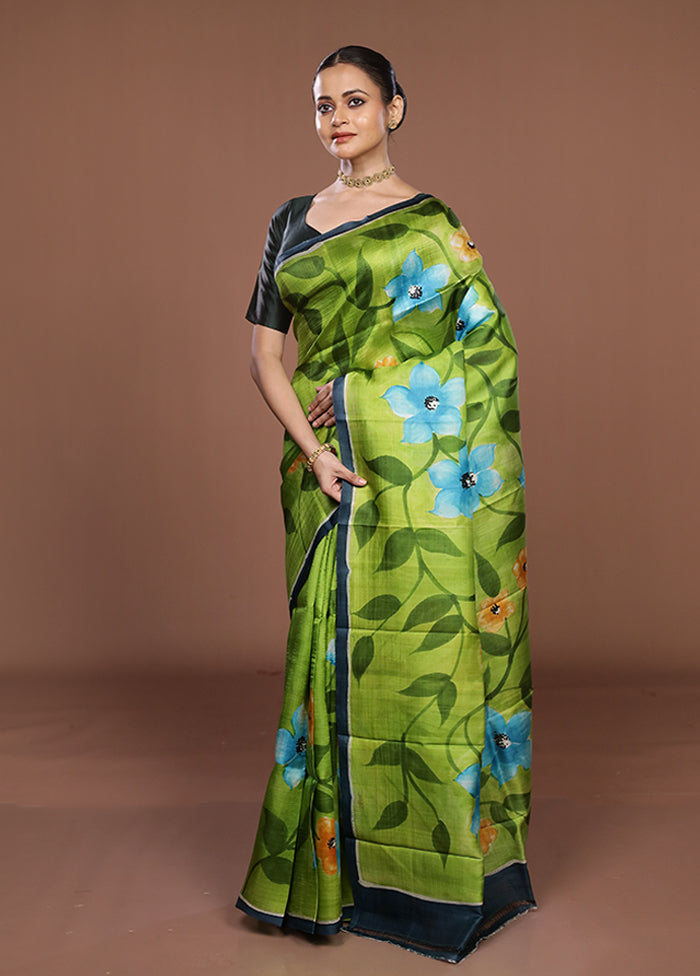 Blue Printed Silk Saree Without Blouse Piece