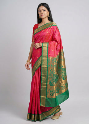 Pink Kanjivaram Silk Saree With Blouse Piece