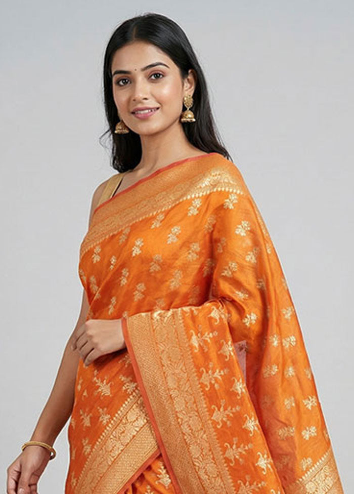 Orange Kora Silk Saree With Blouse Piece