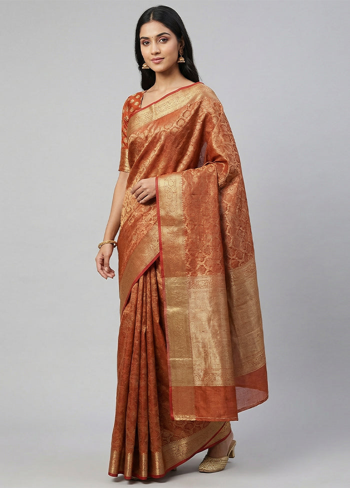 Rust Kora Silk Saree With Blouse Piece