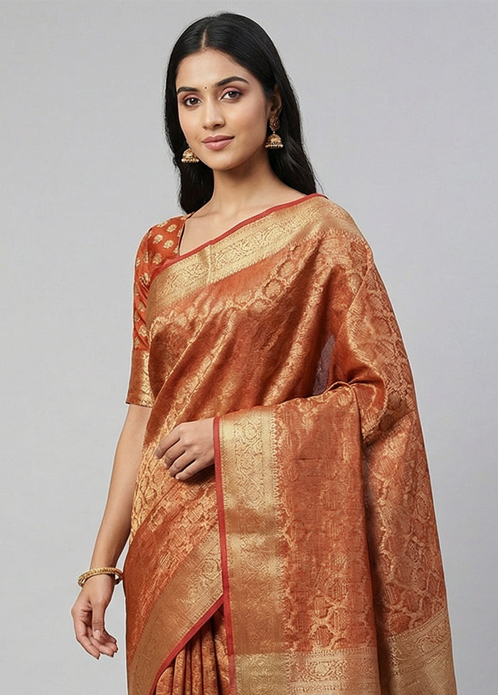 Rust Kora Silk Saree With Blouse Piece