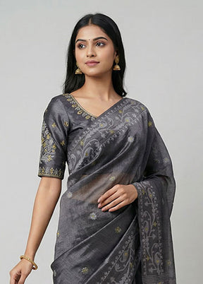Green Handloom Tussar Pure Silk Saree With Blouse Piece