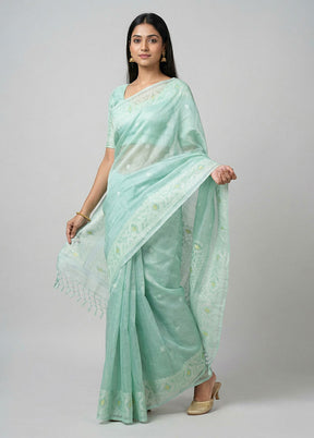 Green Handloom Tussar Pure Silk Saree With Blouse Piece